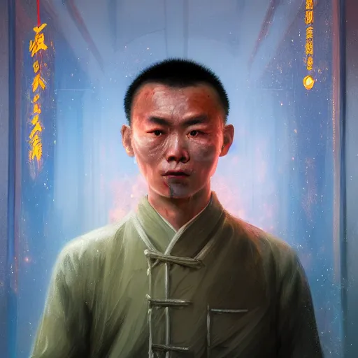 Image similar to colorful character portrait of a chinese prisoner at night lit by the stars, wispy smoke, highly detailed face, very intricate, symmetrical, cinematic lighting, award - winning, painted by mandy jurgens, peter doig, dystopian, bold colors, dark vibes, anime aesthetic, featured on artstation