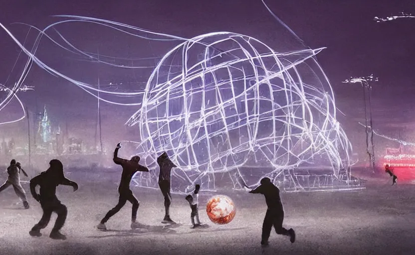 Prompt: people playing football and a spiral - shaped white luminous attractor is floating on the horizon in soviet city, concept art, art for the game, professional lighting, by banksy