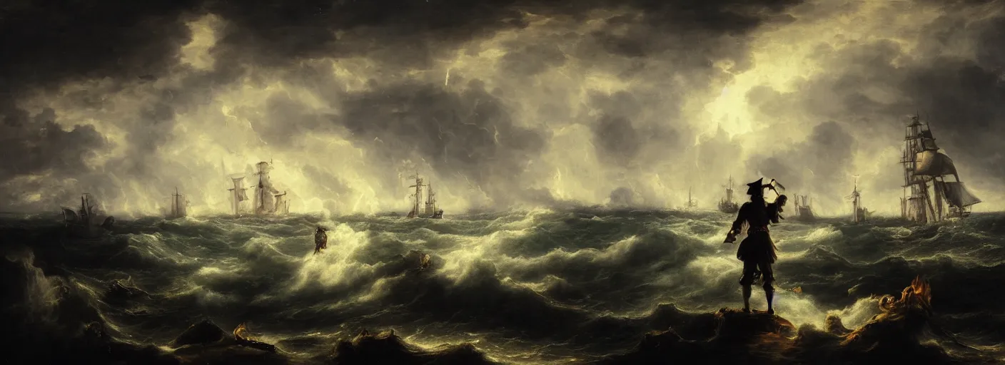 Image similar to a pirate standing on his ship, watching big explosions on the wild sea, dramatic atmosphere