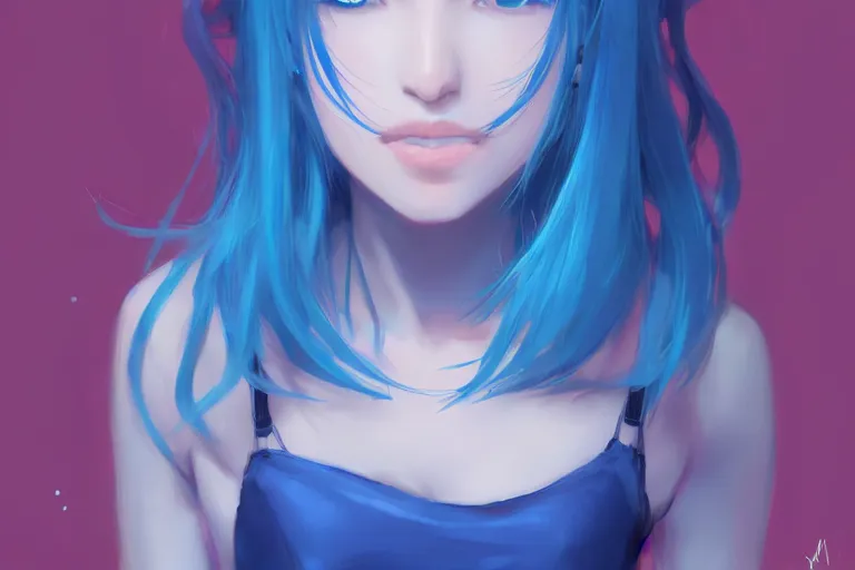 Image similar to Beautiful girl, blue hair, symmetrically, smiling, pixiv, trends artstation, artist WLOP artstation, artist Mam BA artstation