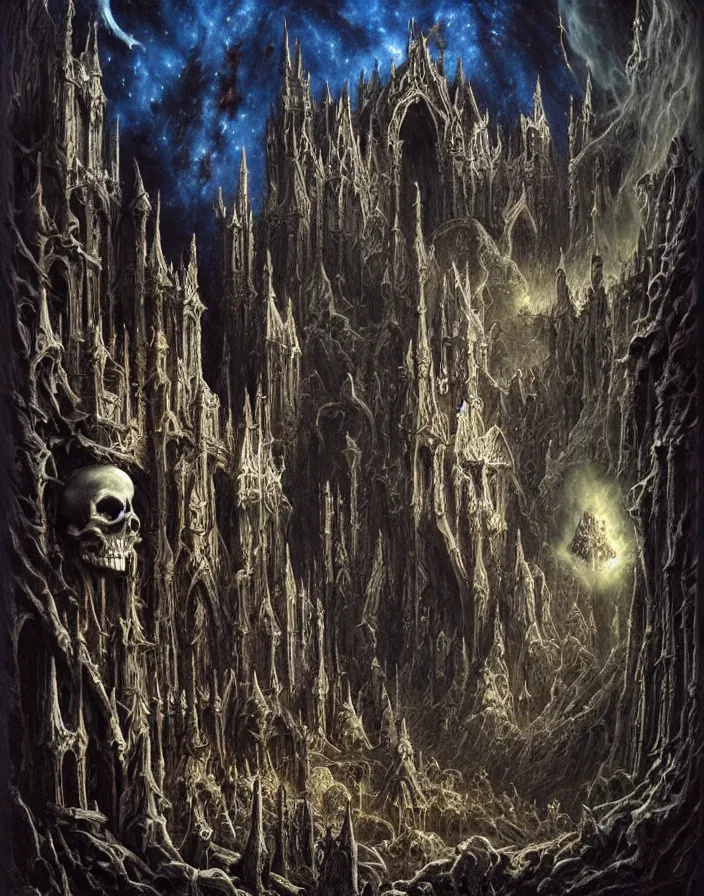 Image similar to a dark gothic castle made of skulls and bones and skeletons, tall spires, epic nebula, Dan Seagrave art