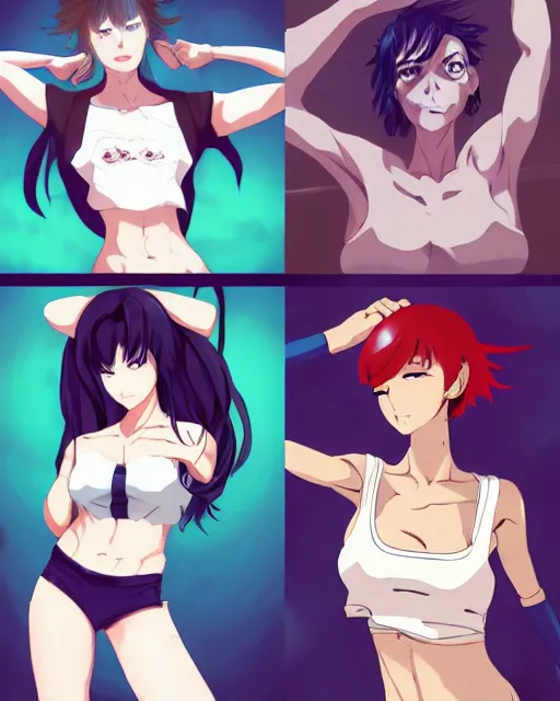 Prompt: style of madhouse studio anime, rei hiroe, loish, artgerm, joshua middleton, revy from black lagoon, symmetrical eyes and symmetrical face, jean shorts, white tank top, middle shot, action pose, on a boat, smirk on face, evening, natural lighting