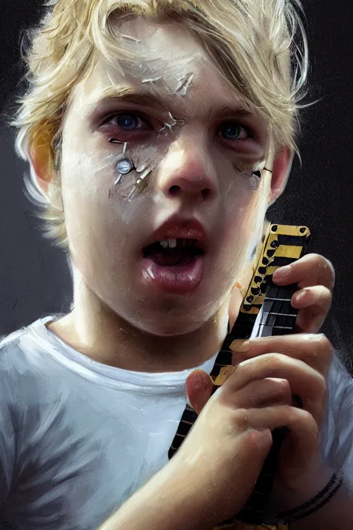 Image similar to blonde wild hair boy playing fender stratocaster, black eye - patch, close - up portrait, plain white tshirt, powerfull, intricate, elegant, volumetric lighting, scenery, digital painting, highly detailed, artstation, sharp focus, illustration, concept art, steve mccurry