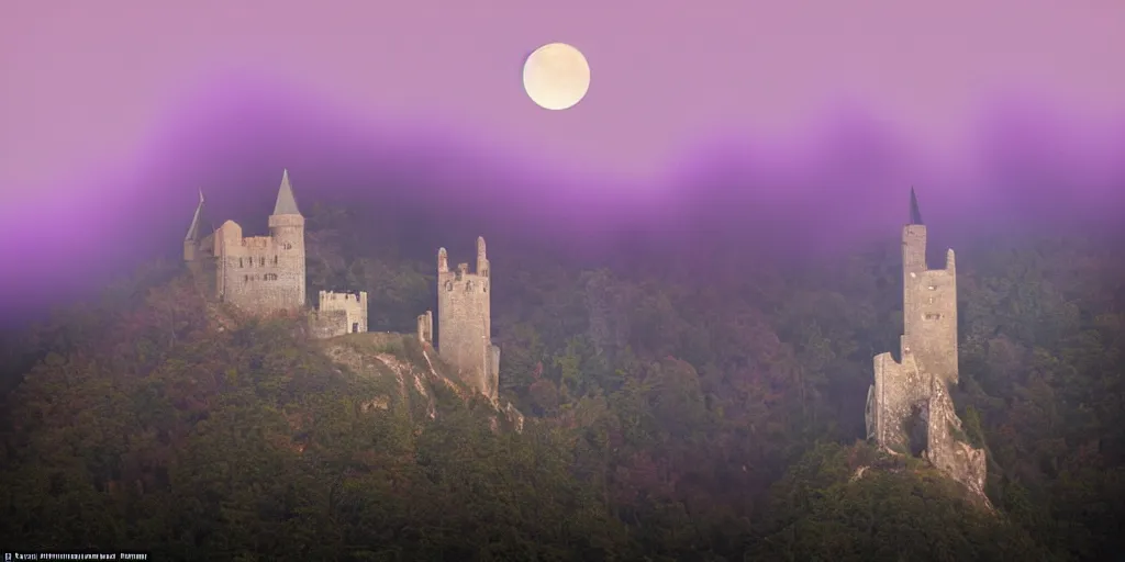 Prompt: a tall pointy castle atop a steep mountain, purple fog engulfs the ground below and a big yellow glowing crescent moon lingers above