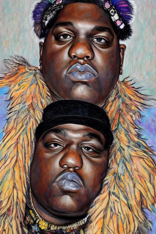 Prompt: a full body!! portrait of biggie smalls wearing boho - chic style clothes, with a fur muffler and feathers, realistic painting in egon schiele style, masterpiece, hyperdetailed, complex, intricate, 4 k, hyperrealistic, trending on artstation