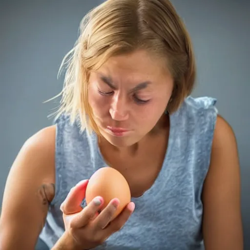 Prompt: a woman eating the last egg while looking sad, realistic photo,