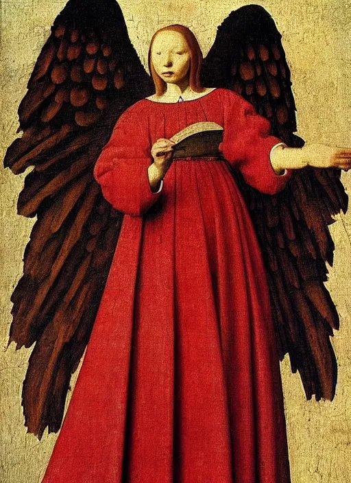 Image similar to Flying Fallen Angel with wings dressed in red, Medieval painting by Jan van Eyck, Johannes Vermeer, Florence