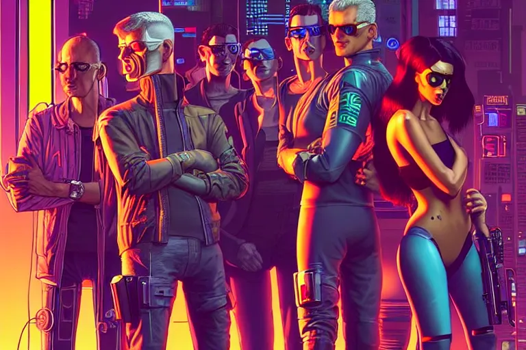 Image similar to cyberpunk heist crew. portrait by stonehouse and mœbius and will eisner and gil elvgren and pixar. character design. realistic proportions. dystopian. cyberpunk 2 0 7 7, apex, blade runner 2 0 4 9 concept art. cel shading. attractive face. thick lines. hi def 4 k. the team. detailed characters.