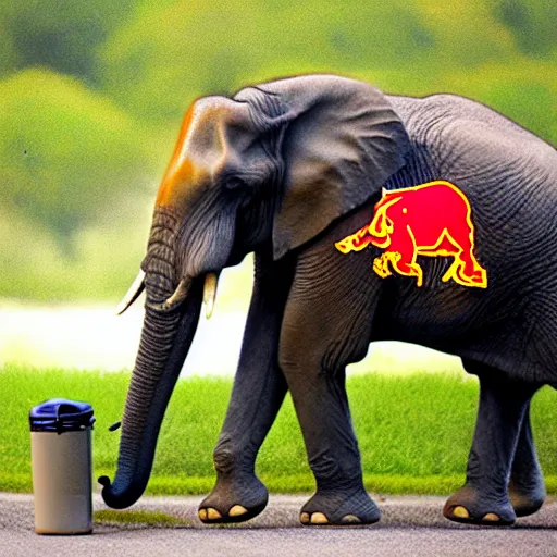 Prompt: a photo of an elephant drinking a giant red bull