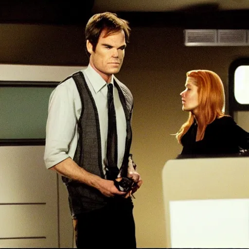 Prompt: dexter morgan on the x - files with dana sculls and fox milder