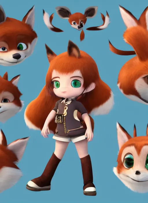 Prompt: female explorer mini cute girl, character adoptable, highly detailed, rendered, ray - tracing, cgi animated, 3 d demo reel avatar, style of maple story and zootopia, maple story indiana, fluffy fox ears, dark skin, cool clothes, soft shade, soft lighting, portrait pose