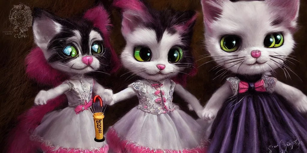 Prompt: 3 d littlest pet shop cat, vintage gothic gown, gumball machine, realistic fur, smiling, lace, master painter and art style of noel coypel, art of emile eisman - semenowsky, art of edouard bisson