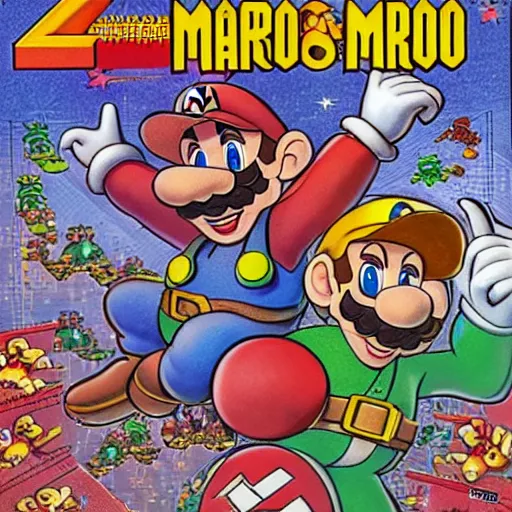 Prompt: video game box art of a commodore 6 4 game called super mario bros and metroid, highly detailed cover art.