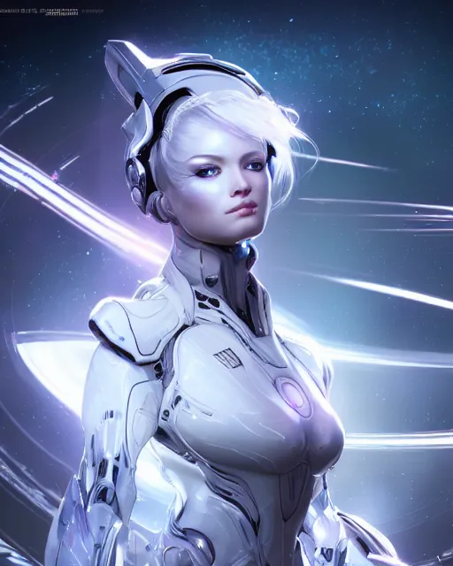 Image similar to photo of a beautiful girl on a mothership, android, warframe armor, pretty face, scifi, futuristic, galaxy, raytracing, dreamy, perfect, aura of light, pure, white hair, blue cyborg eyes, glow, insanely detailed, artstation, innocent look, art by gauthier leblanc, kazuya takahashi, huifeng huang