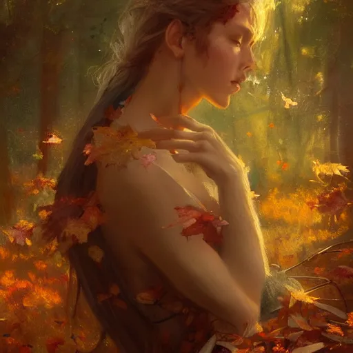 Image similar to portrait of a beautiful autumn fairy by greg rutkowski, fantasy, realism, trending on artstation