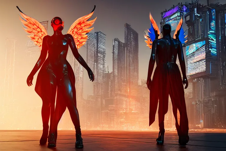 Image similar to cyberpunk angel with flaming wings concept, futuristic look, highly detailed body, very powerful, photorealistic camera shot, bright studio setting, studio lighting, crisp quality and light reflections, unreal engine 5 quality render