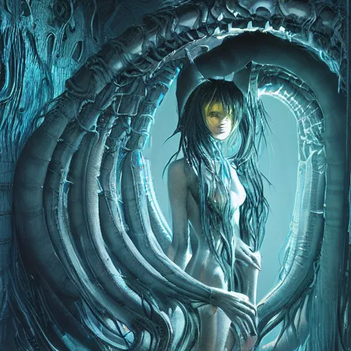 Prompt: hatsune miku xenomorph chimera lurking in dark room, wet dripping, blue long hair, designed by h. r. giger, highly intricate detailed 8 k ultrarealistic octane render by artgerm and rutkowski and beksinski and mucha