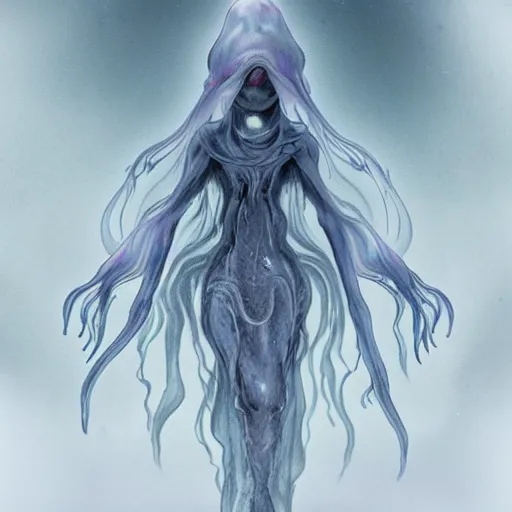 Image similar to concept designs of an ethereal ghostly wraith like figure with a squid like parasite latched onto its transparent skull and long tentacle arms that flow lazily but gracefully at its sides like a cloak while it floats around a frozen rocky tundra in the snow searching for lost souls and that hides amongst the frosted trees, this character has hydrokinesis and electrokinesis in the style of arcane the series on netflix