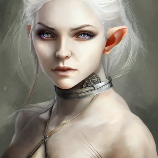 Prompt: portrait of a female half - elf gloura with white skin, white hair, white eyes, short wavy hair, gray spots on cheeks, trending on artstation, fantasy portrait