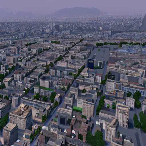 Prompt: paris city, screenshot from cities : skylines ( 2 0 3 5 ) vr game, isometric view, unreal engine 7, raytracing, volumetric fog resolution, ambient occlusion, anisotropy, shadow resolution, texture quality high, chromatic abberation, 8 k