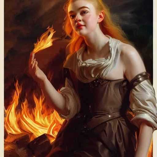 Image similar to Elle Fanning looking into the fire, artstation, by J. C. Leyendecker and Peter Paul Rubens, Extremely detailed. 4K. Award winning.