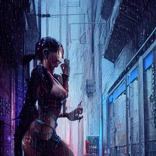 Prompt: cyberpunk woman, raining, in an alley, at night, back lit, by WLOP and webang111, trending on artstation