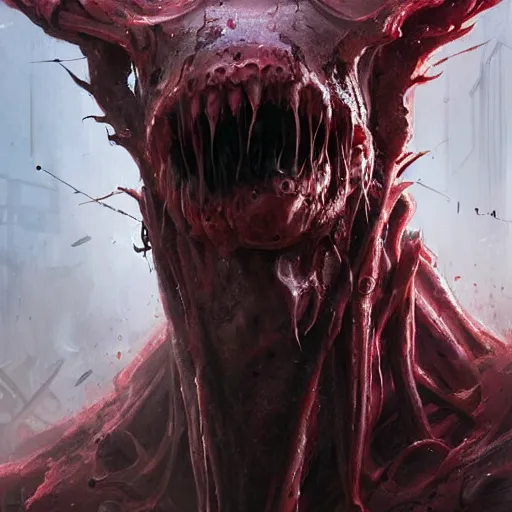 Image similar to concept art by greg rutkowski, a hideous monster in the shape of mantis of twisted flesh and reddish ooze, claustrophobic and futuristic, brutalistic environment, scifi, detailed and intricate environment, high technology, highly detailed portrait, digital painting, artstation, concept art, smooth, sharp foccus ilustration, artstation hq.