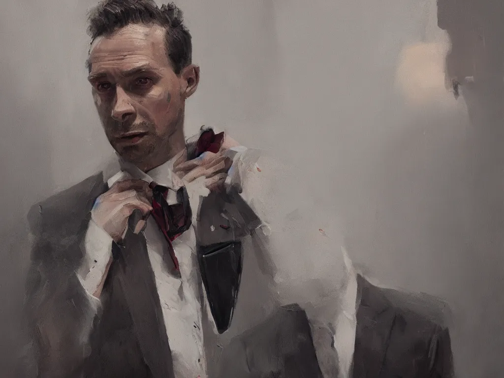 Prompt: a portrait of men in suits with tie in a painting from stalenhag, 4 k, 8 k, hdr, artstation, concept art