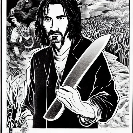 Image similar to attractive 22 year old Frank Zappa x Daniel Radcliff x Keanu Reeves golden Vagabond magic swordsman glides through a beautiful battlefield magic the gathering dramatic esoteric!!!!!! pen and ink!!!!! illustrated in high detail!!!!!!!! by Hiroya Oku!!!!! Written by Wes Anderson graphic novel published on shonen jump 2002 award winning!!!!