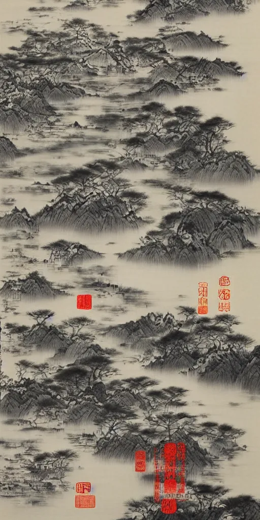 Prompt: Environmental shot, Beautiful!!!!! chinese ink-wash painting of a river!!!, beautiful brush strokes, red ink, birds flying , shui mo hua by Wang Mingming !!!, highly intricate