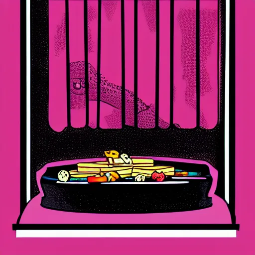 Prompt: a comic page of a delicious 🌈 dinosaur barbecuing waffles, noir window drapes, outside chewing gum screen print illustration