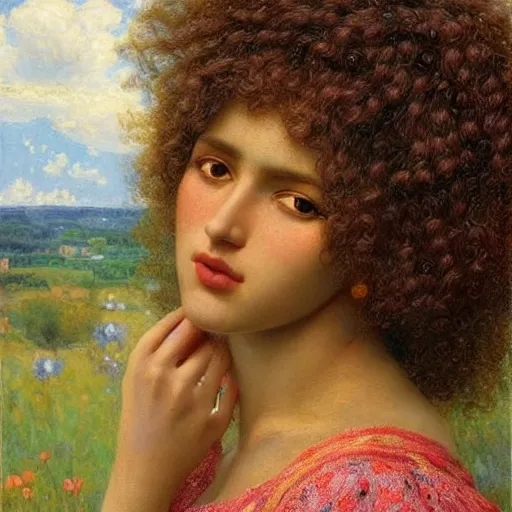 Image similar to somali woman with curly hair, fedosenko roman, j. w. godward, jose miguel roman frances, intricate details, solid color backdrop, countryside, dreamy, impressionist, figurative