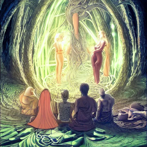 Image similar to mushroom goddess with group of elders, discussing the new season of friends, cynical realism, hiroya oku painterly, yoshitaka amano, chris cunningham, moebius, beautiful lighting, tendrils, in the style of, wlop, scientific diagram