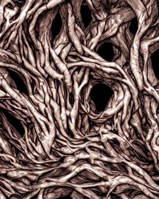 Image similar to a twisted tree trunk made of cluttered human bodies