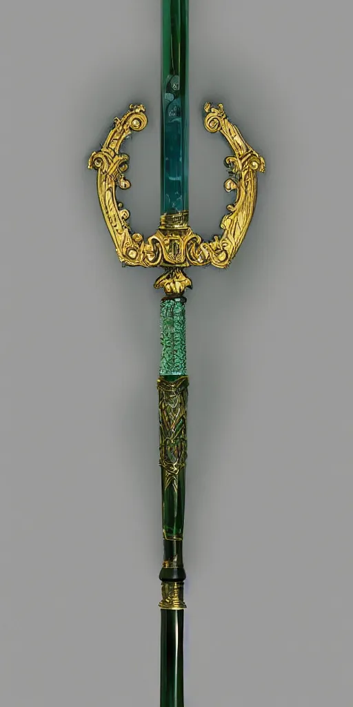 Image similar to photograph of a wide green and teal crystal double - edged sword blade attached to a big gold sword hilt