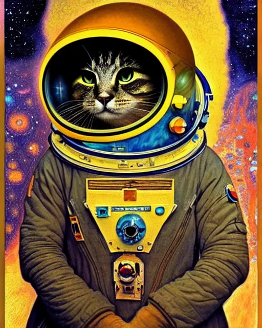 Image similar to space cosmonaut cat portrait an oil painting splashes with many colors and shapes by gustav klimt greg rutkowski and alphonse mucha, polycount, generative art, psychedelic, fractalism, glitch art