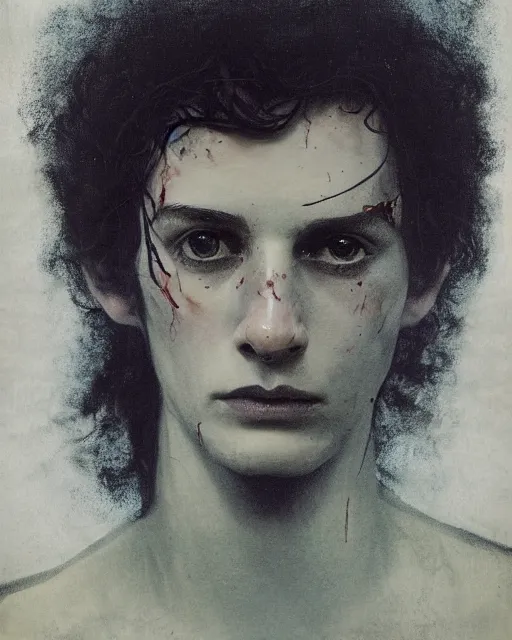 Prompt: a beautiful but sinister young man in layers of fear, with haunted eyes and wild hair, 1 9 7 0 s, seventies, woodland, a little blood, moonlight showing injuries, delicate embellishments, painterly, offset printing technique, mary jane ansell