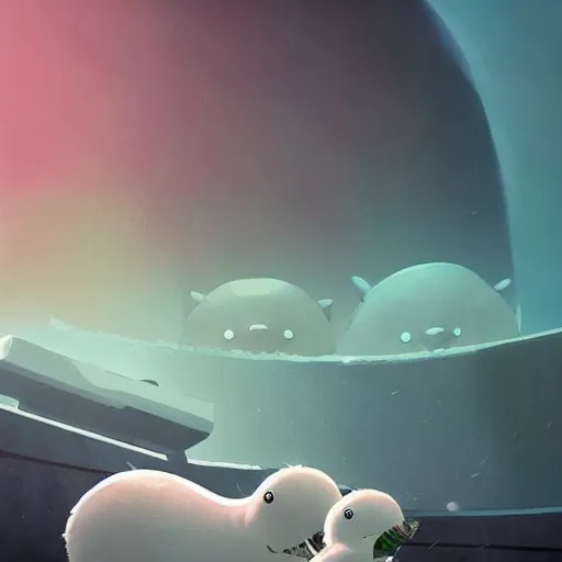 Image similar to baby harp seals being eaten by a tyrannosaurus in a tropical alien world, atey ghailan, goro fujita, studio ghibli, scary lighting, clear focus, very coherent