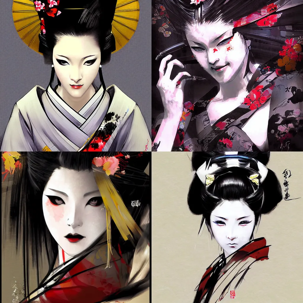 Prompt: digital painting of a beautiful geisha by yoji shinkawa