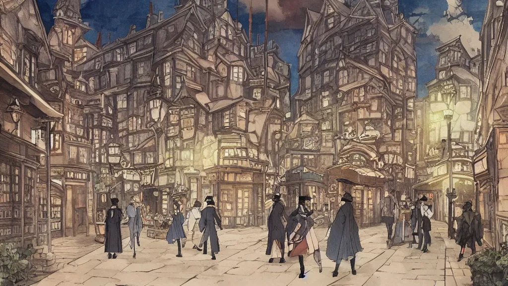 Image similar to victorian london, anime background, interior, gouache, hand painted, in the style of kazuo oga, studio ghibli