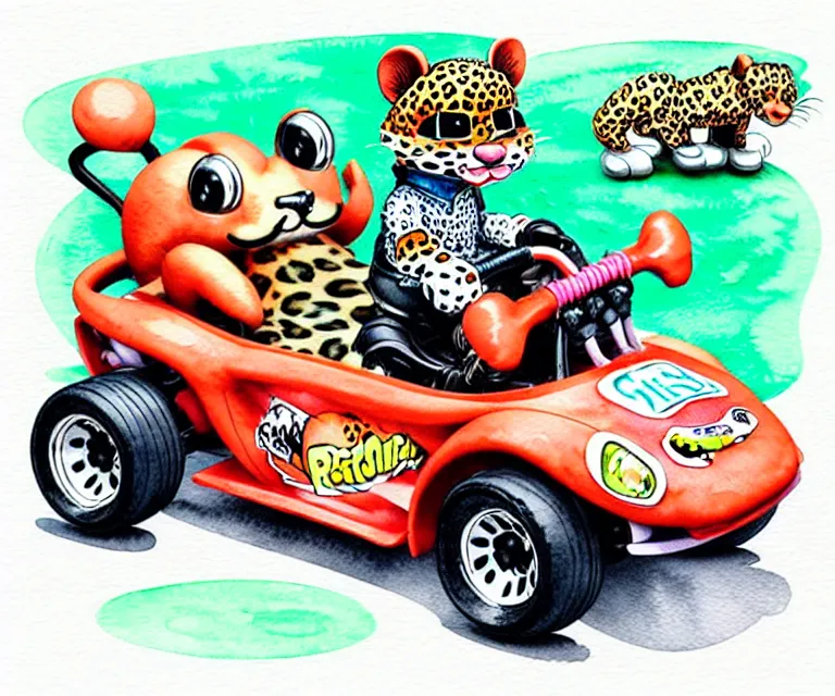 Image similar to cute and funny, baby leopard riding in a tiny go kart with oversized engine, ratfink style by ed roth, centered award winning watercolor pen illustration, isometric illustration by chihiro iwasaki, edited by range murata, tiny details by artgerm and watercolor girl, symmetrically isometrically centered