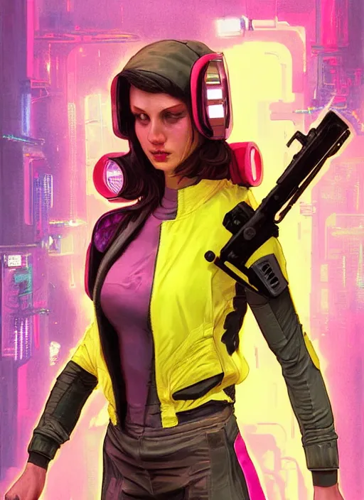 Image similar to beautiful cyberpunk female athlete wearing pink jumpsuit and yellow jacket. firing a futuristic red automatic pistol with huge magazine. ad for pistol. cyberpunk poster by james gurney, azamat khairov, and alphonso mucha. artstationhq. gorgeous face. painting with vivid color, cell shading. ( rb 6 s, cyberpunk 2 0 7 7 )