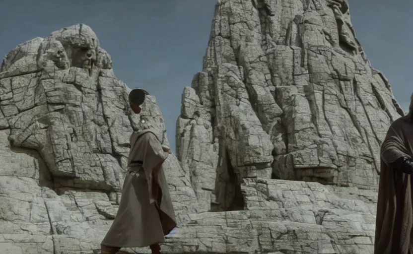 Prompt: screenshot of low angle wide shot of Luke skywalker, played by mark hammill,looking up to a large stone sculpture of an ancient Jedi master in robe, looming in the sky outside the rocky Jedi Temple, a female sith lord in white approaches with a lightsaber, scene from The Lost Jedi Star Wars film made in 1980, directed by Stanley Kubrick, serene, iconic scene, hazy atmosphere, stunning cinematography, hyper-detailed, sharp, anamorphic lenses, kodak color film, 4k