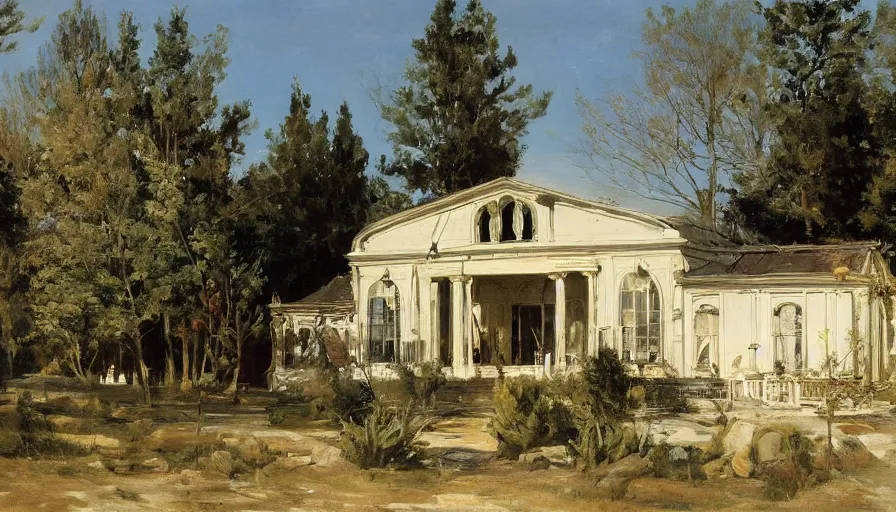 Image similar to artwork painting of the storefront building by eugene von guerard, ivan shishkin, john singer sargent