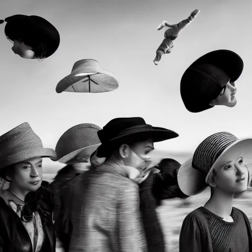Prompt: 8 Flying hats, 8k UHD, Movie shot, black and white