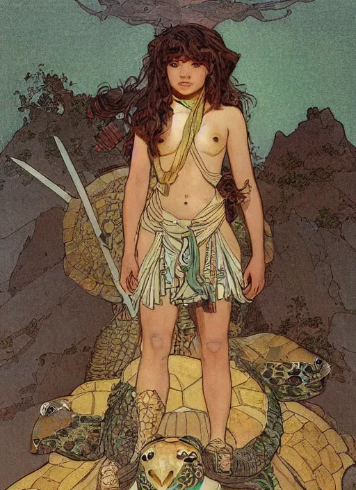 Image similar to a little warrior girl standing on top of a giant turtle in the desert. the girl has dark skin and beautiful green eyes, realistic body and a very beautiful detailed symmetrical face with long black hair. the turtle has a big wise face and closed eyes. diffuse light, dramatic landscape, fantasy illustration by mucha