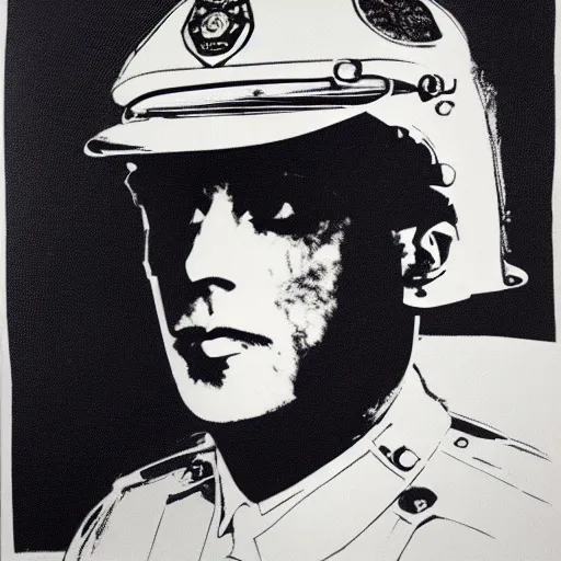 Prompt: screenprint solarized portrait of a cop in riot gear by andy warhol