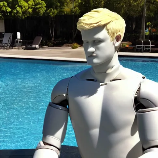 Prompt: a realistic detailed photo of a guy who is an attractive humanoid who is half robot and half humanoid, who is a male android, wrestler bo nickal, shiny skin, posing like a statue, blank stare, by the pool, on display, showing off his muscles, humanoid robot, frozen ice statue