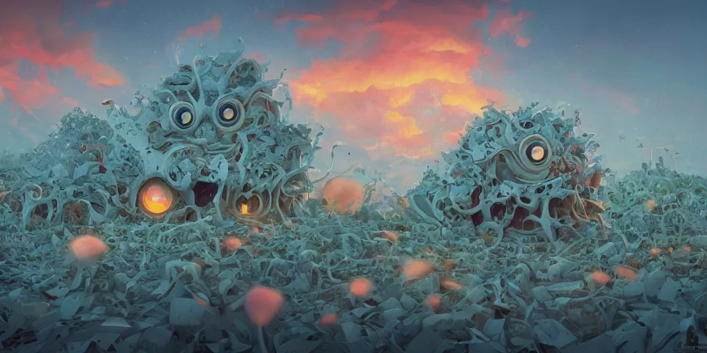 Prompt: of a cloudy sunset with strange cute happy flying creatures with huge eyes, mouth, long tongue and round teeth appearing from the clouds, in the style of gehry and gaudi, macro lens, highly detailed, shallow depth of fielf, digital painting, trending artstation, concept art, illustration, cinematic lighting, vibrant colors, photorealism, epic, octane render