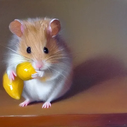 Image similar to a oil painting of a cute little hamster eating lemon